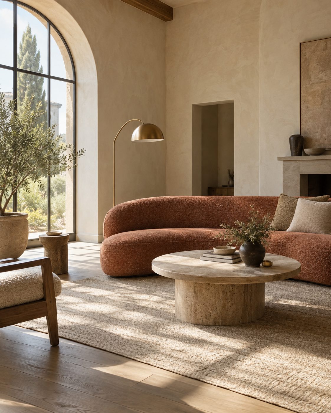 Living room with arched window and curved sofa